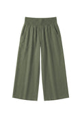 Olive green wide-leg linen pants with a smocked waistband and side pockets.