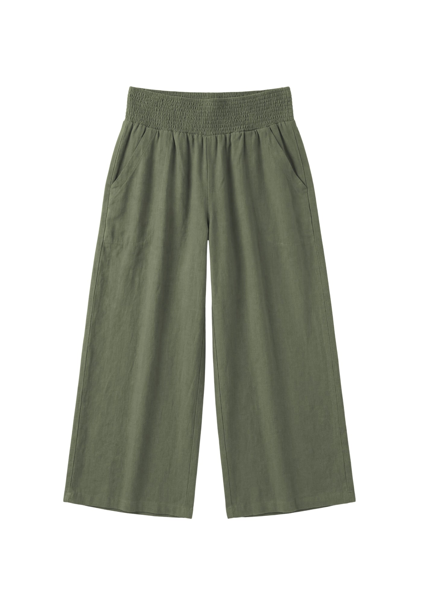 Olive green wide-leg linen pants with a smocked waistband and side pockets.