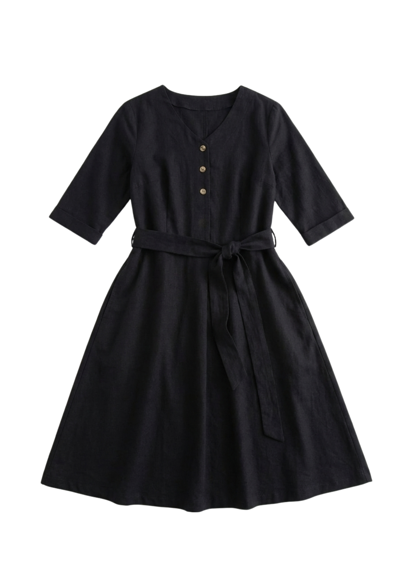 Black cotton-linen Willow Dress with V-neck, button-down front, adjustable waist tie, and flared knee-length skirt.