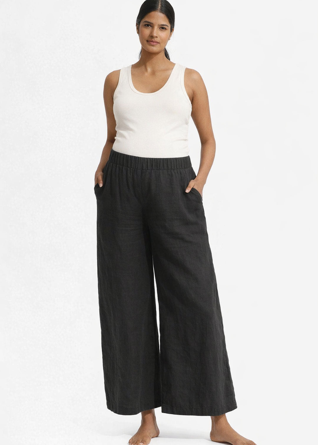 High-Rise Wide-Leg Linen Maxi Culottes in Linen in Black — on model