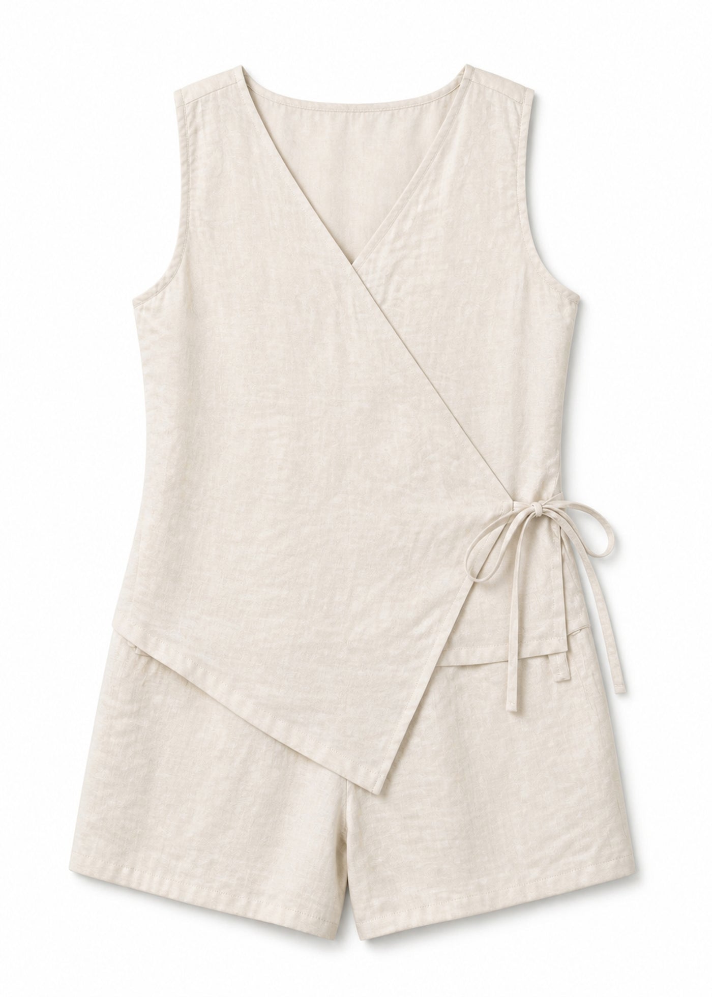 Sleeveless Wrap Sleep Romper in Natural - flat lay