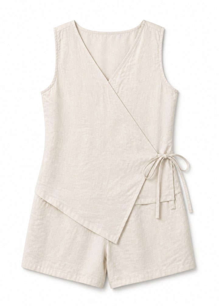 Sleeveless Wrap Sleep Romper in Natural - flat lay