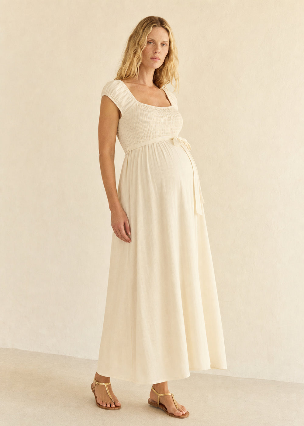 Smocked Bodice Maxi Dress in Cotton in Natural — on model