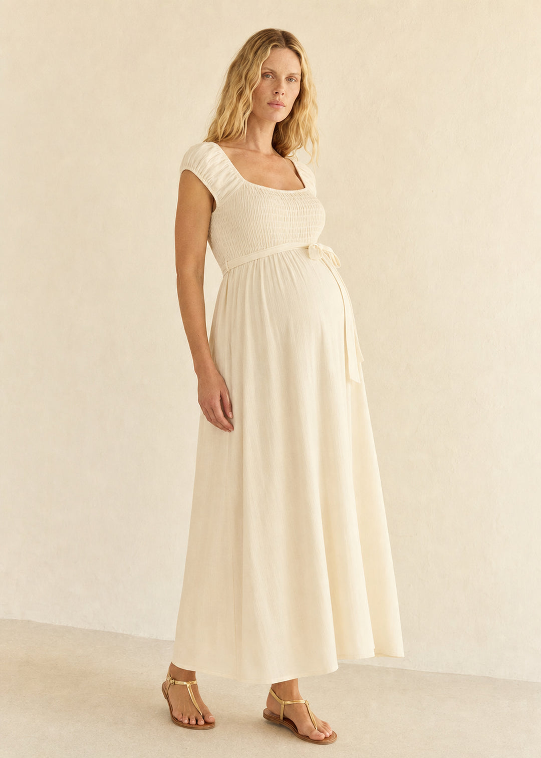Smocked Bodice Maxi Dress in Cotton in Natural — on model