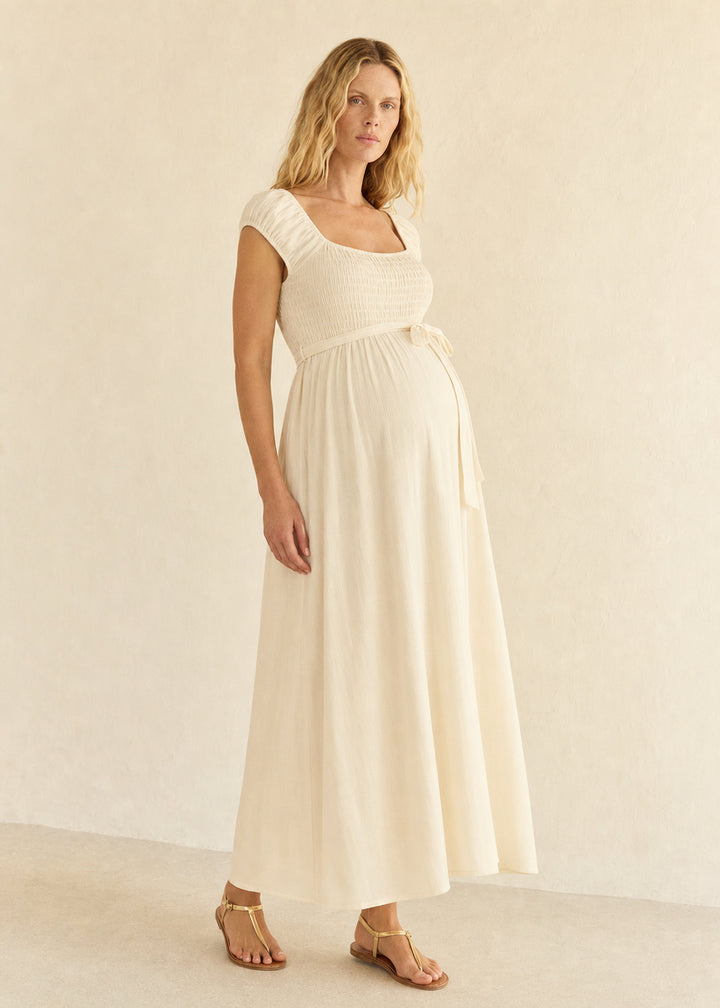 Smocked Bodice Maxi Dress in Cotton in Natural — on model