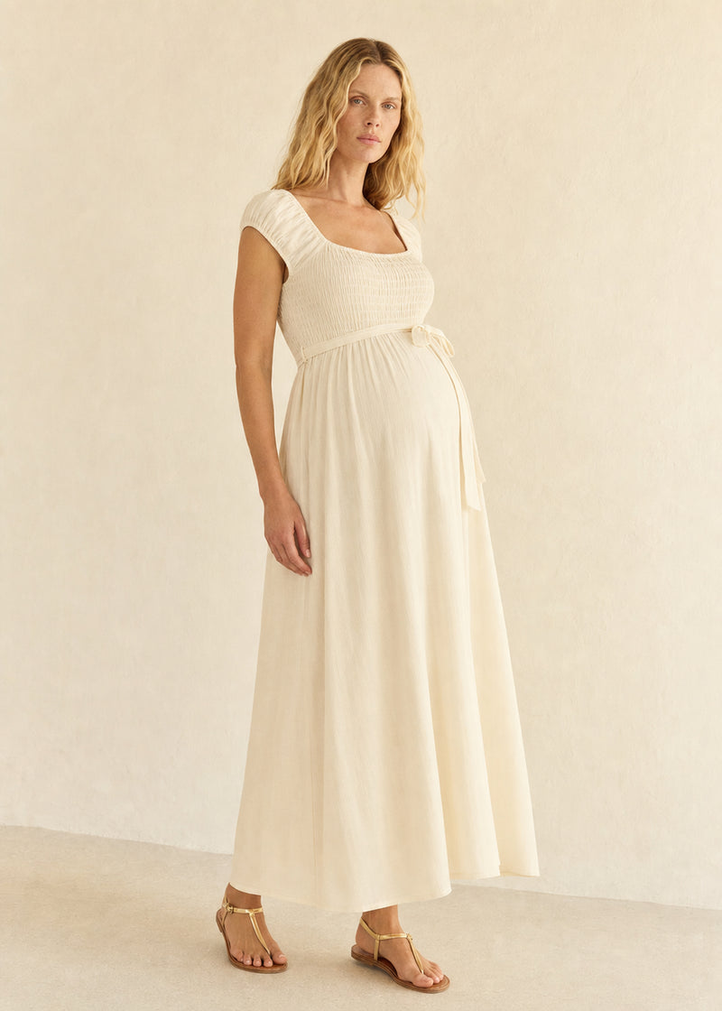 Smocked Bodice Maxi Dress in Cotton in Natural — on model