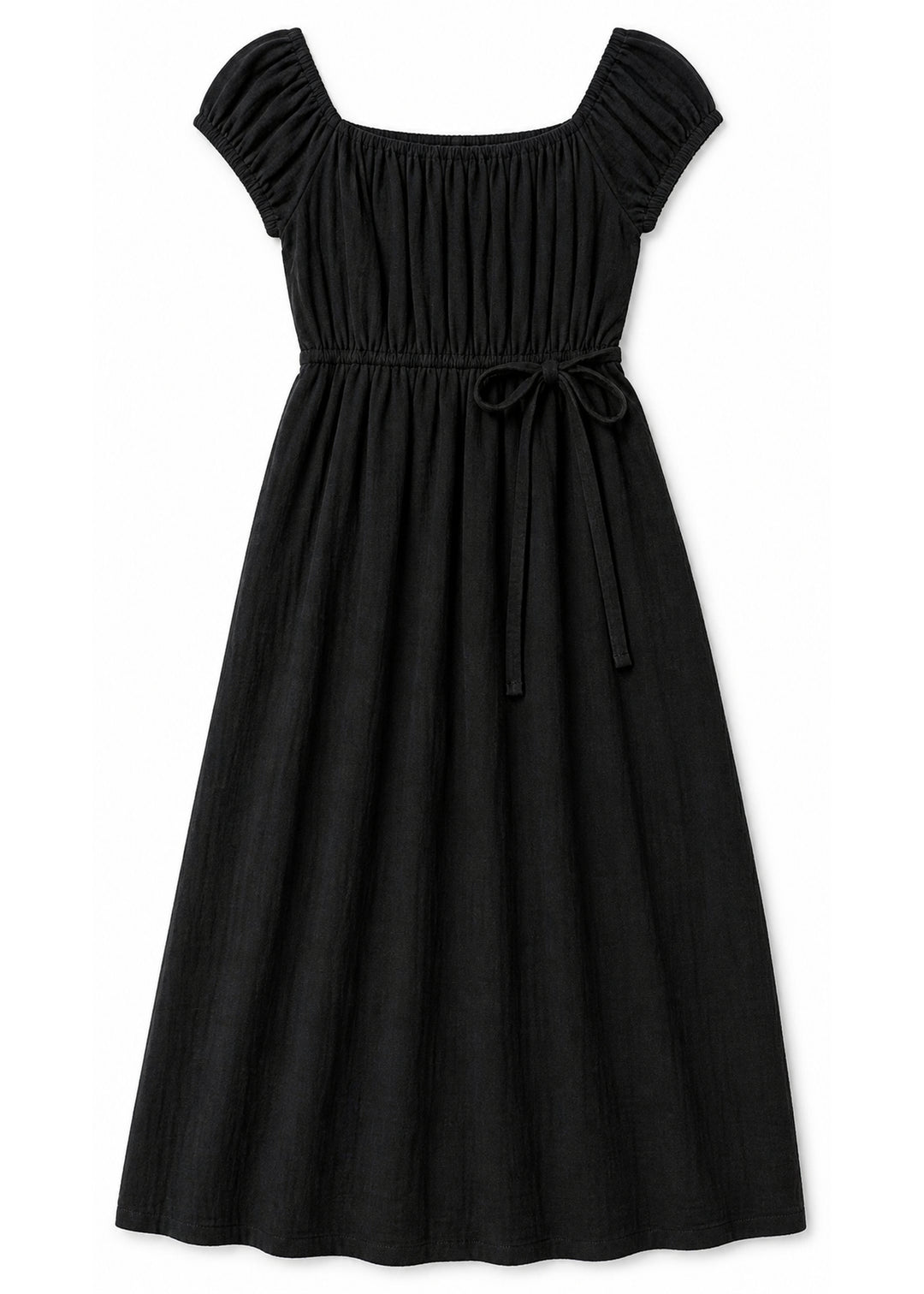 Smocked Bodice Maxi Dress in Cotton in Black — flat lay