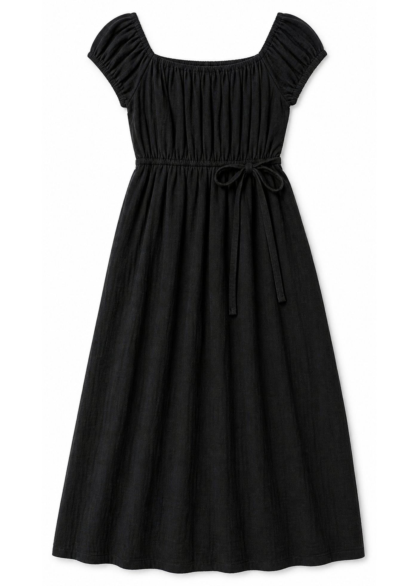 Smocked Bodice Maxi Dress in Cotton in Black — flat lay