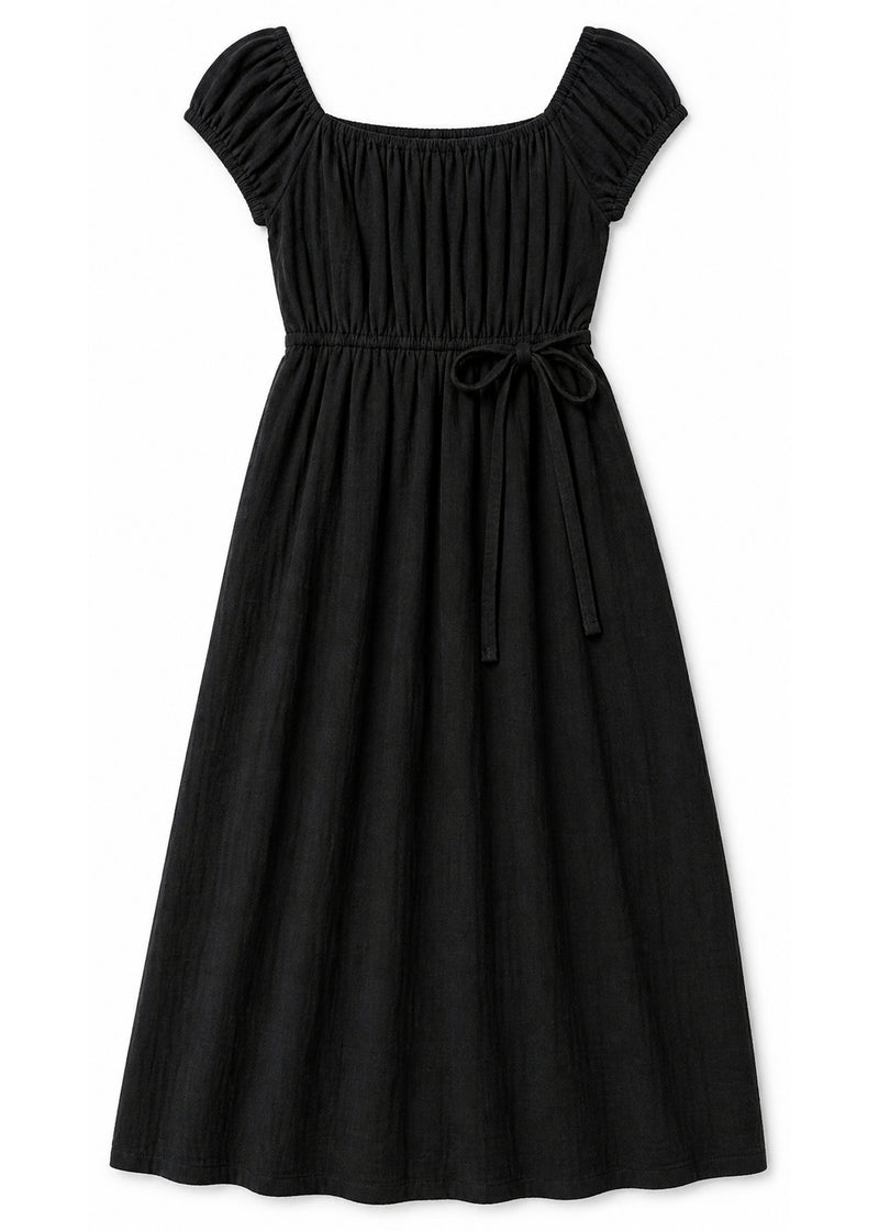Smocked Bodice Maxi Dress in Cotton in Black — flat lay