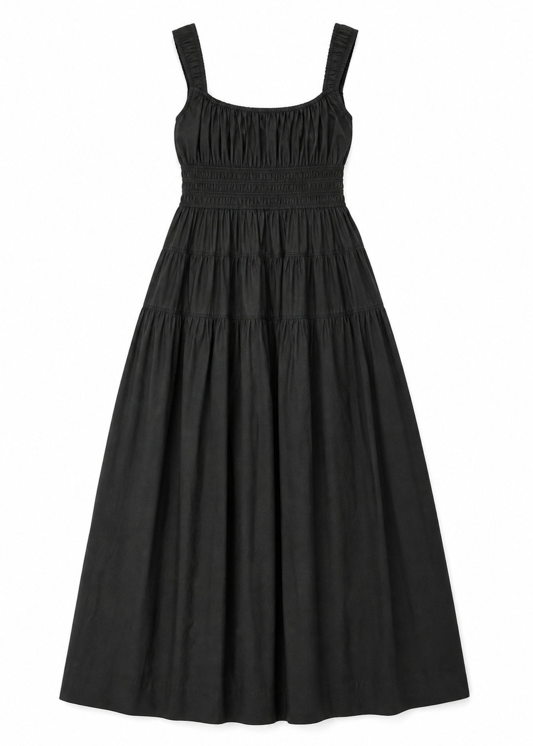 Smocked Waist Square Neck Maxi Dress in Cotton in Black — flat lay