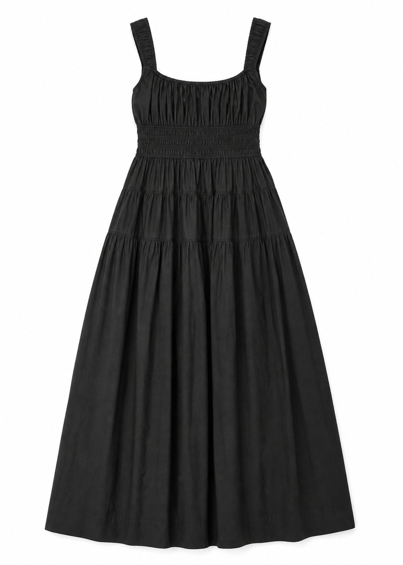 Smocked Waist Square Neck Maxi Dress in Cotton in Black — flat lay