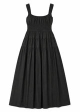 Smocked Waist Square Neck Maxi Dress in Cotton in Black — flat lay