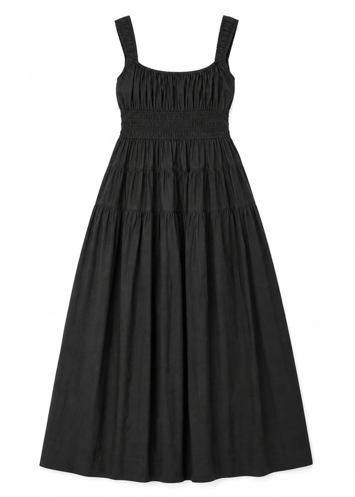 Smocked Waist Square Neck Maxi Dress in Cotton in Black — flat lay