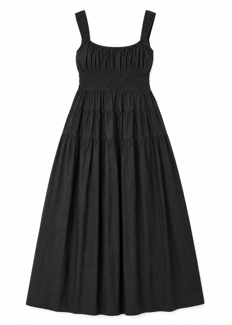 Smocked Waist Square Neck Maxi Dress in Cotton in Black — flat lay