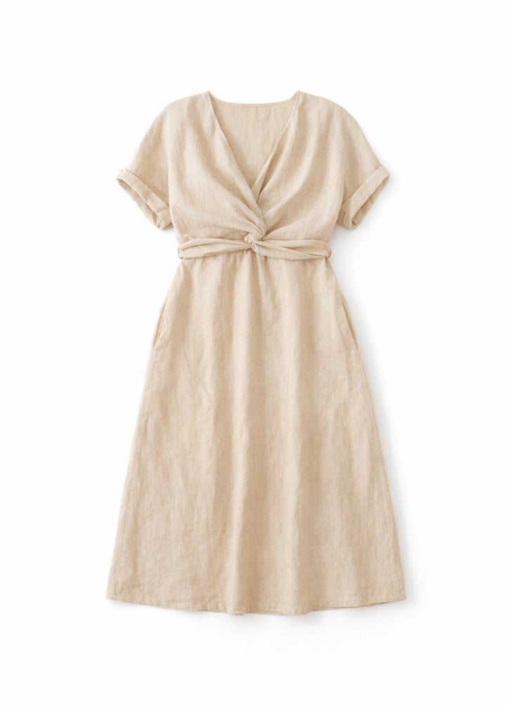 Reversible Twist-Front/Back Linen Dress in Natural — flat lay