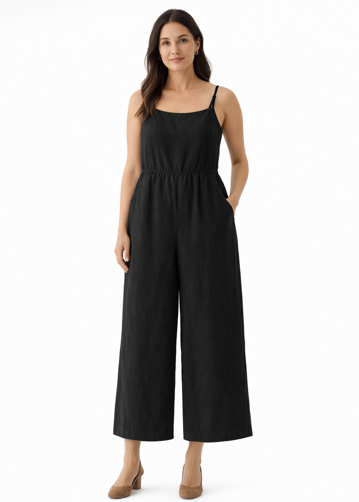 Tie-Strap Wide-Leg Linen Jumpsuit in Linen in Black — on model