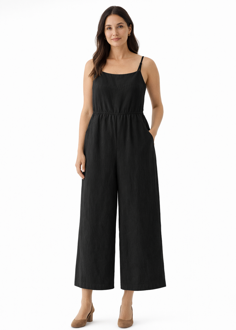 Tie-Strap Wide-Leg Linen Jumpsuit in Linen in Black — on model