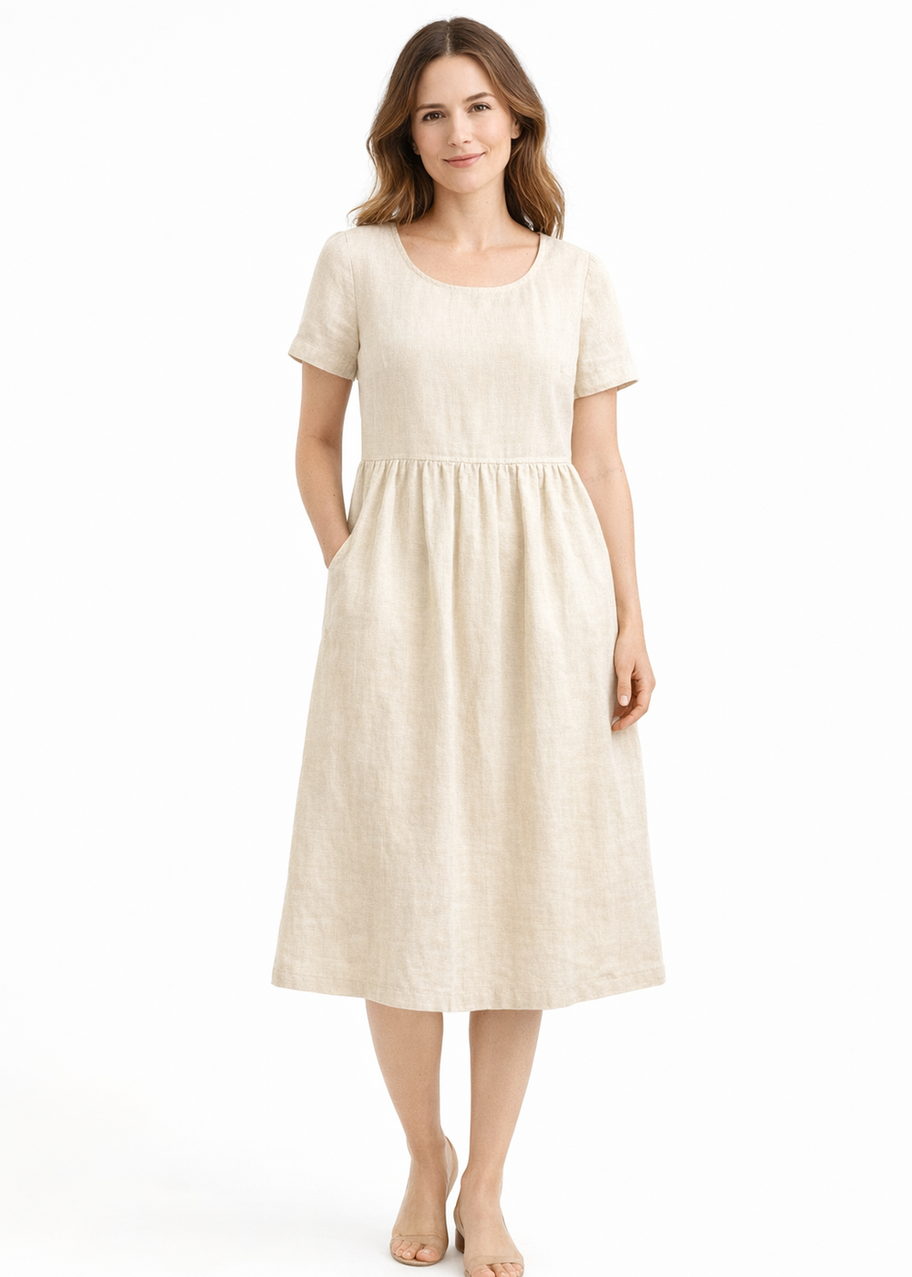Short-Sleeve Gathered-Waist Linen Midi Dress in Linen in Natural — on model