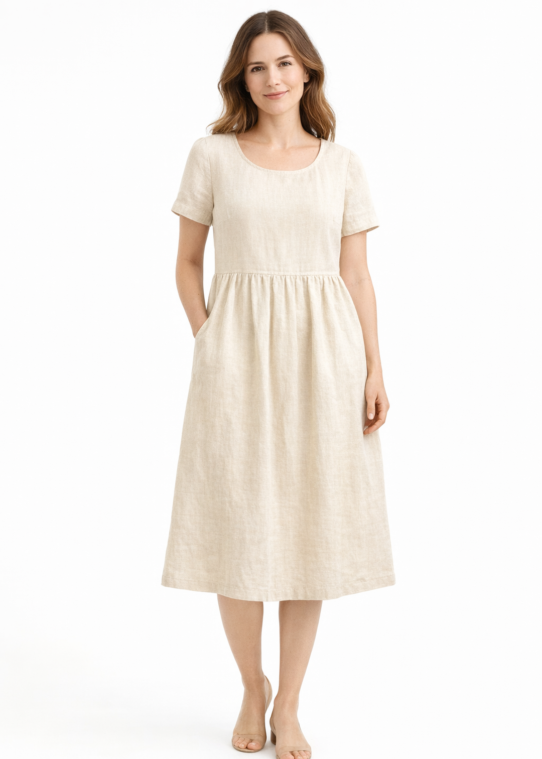 Short-Sleeve Gathered-Waist Linen Midi Dress in Linen in Natural — on model