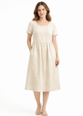 Short-Sleeve Gathered-Waist Linen Midi Dress in Linen in Natural — on model