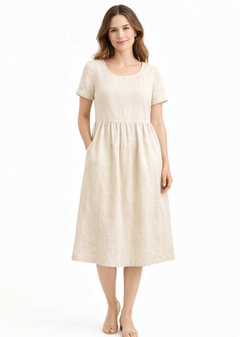 Short-Sleeve Gathered-Waist Linen Midi Dress in Linen in Natural — on model