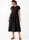 Linen Pinafore Midi Dress with Patch Pockets in Linen in Black — on model