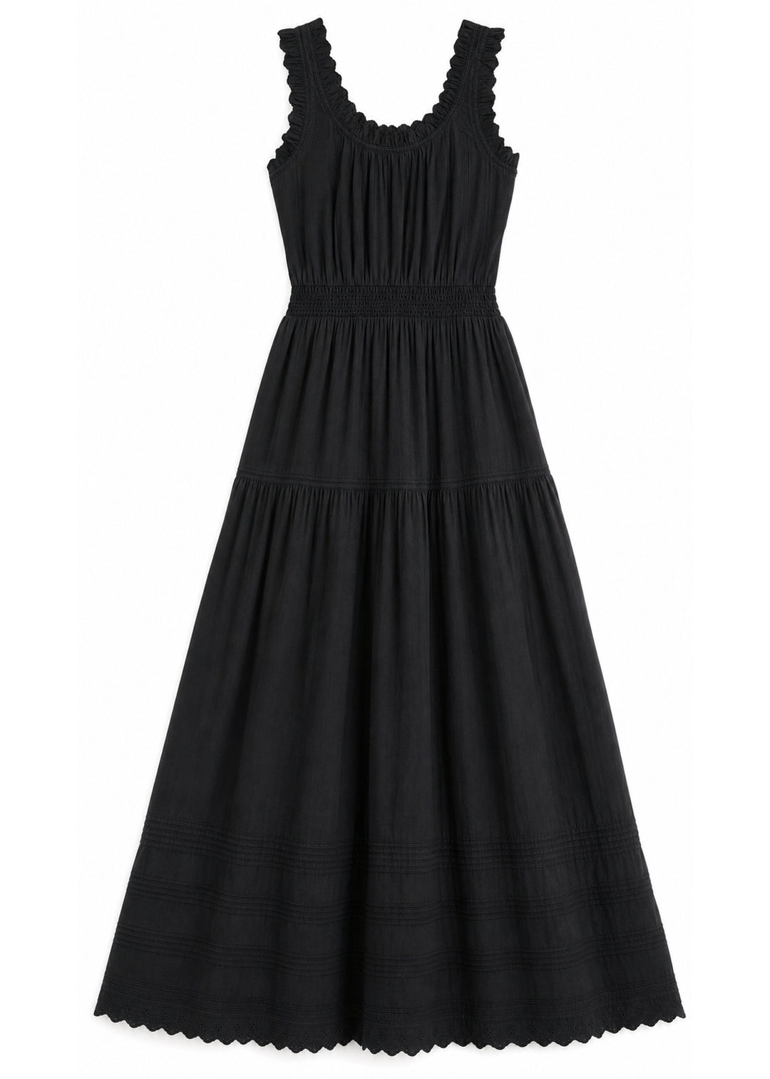 Ruched Strap Smocked Maxi Dress in Cotton in Black — flat lay