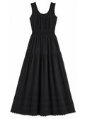 Ruched Strap Smocked Maxi Dress in Cotton in Black — flat lay