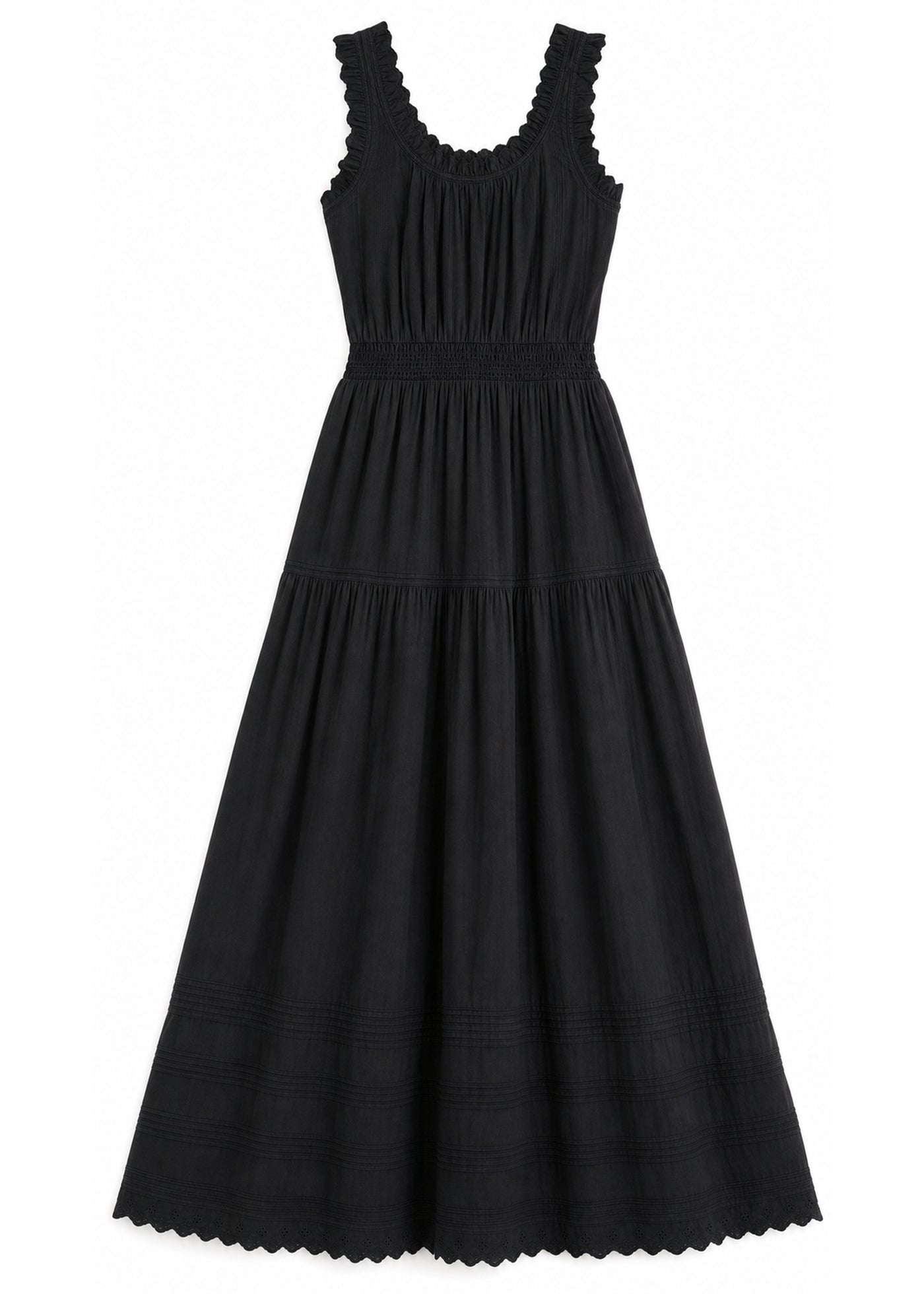 Ruched Strap Smocked Maxi Dress in Cotton in Black — flat lay