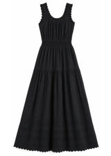 Ruched Strap Smocked Maxi Dress in Cotton in Black — flat lay