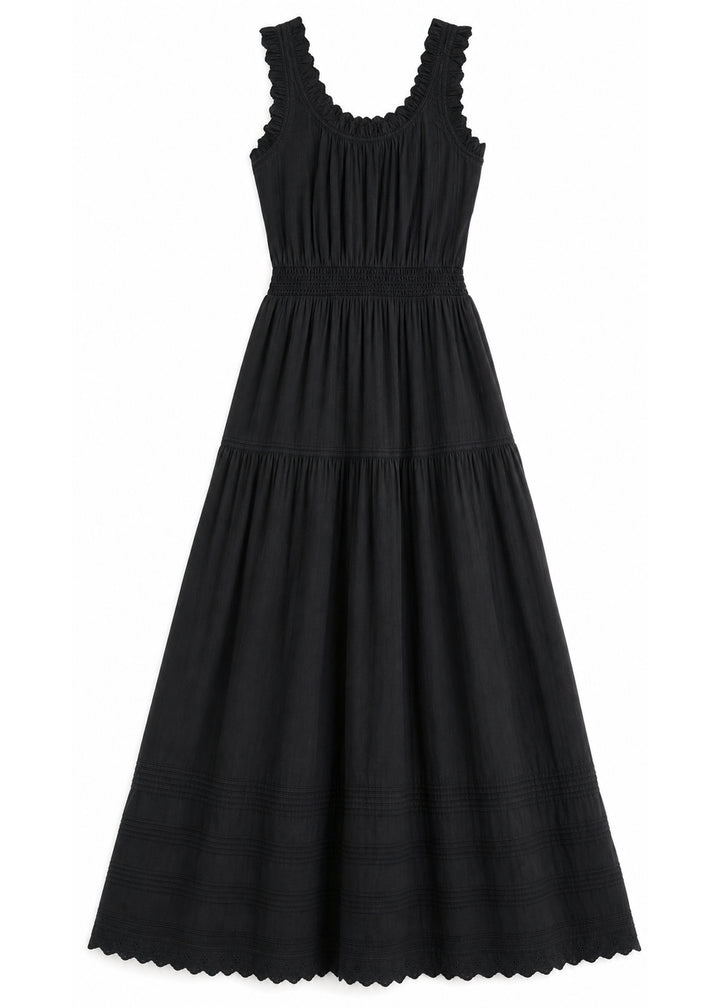 Ruched Strap Smocked Maxi Dress in Cotton in Black — flat lay