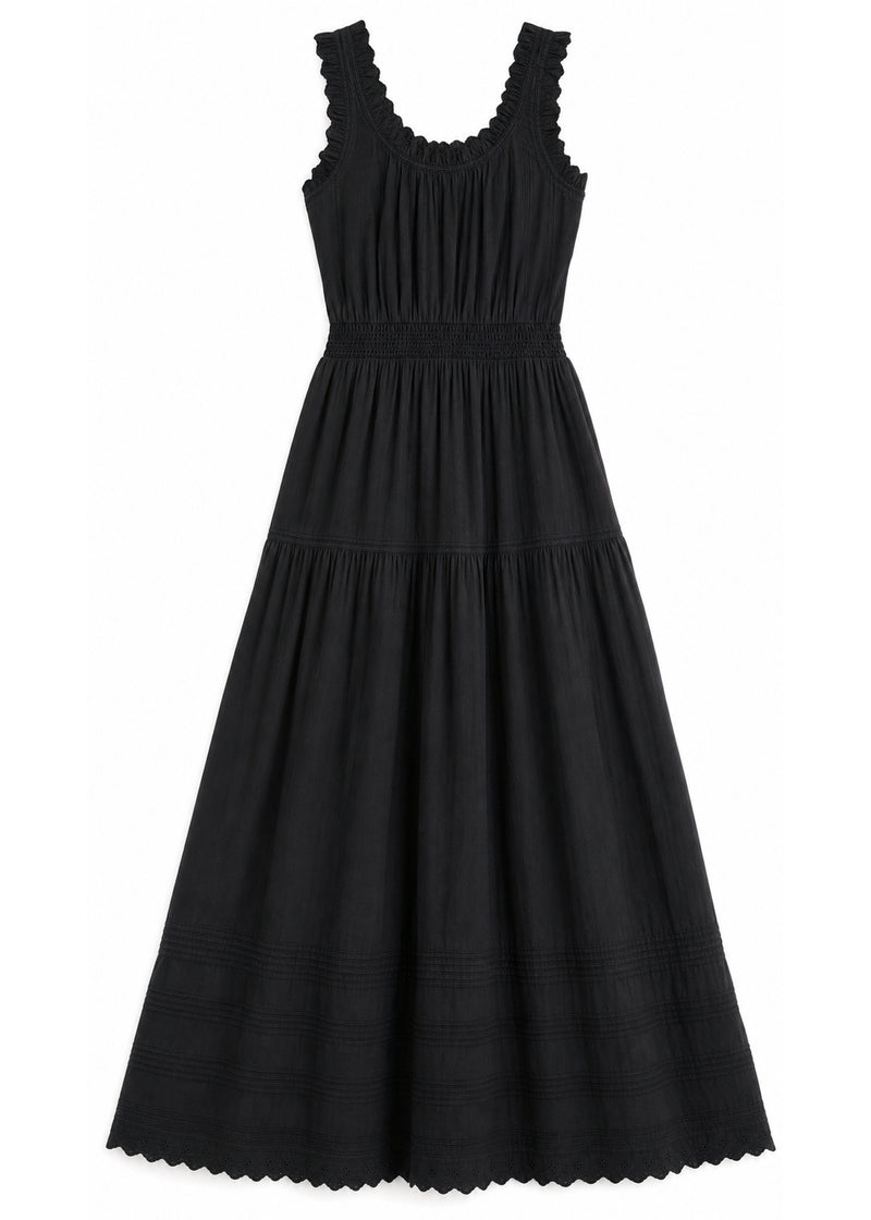 Ruched Strap Smocked Maxi Dress in Cotton in Black — flat lay