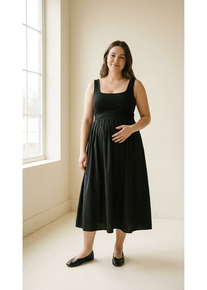 Pull-Down Nursing Midi Dress in Black — on model