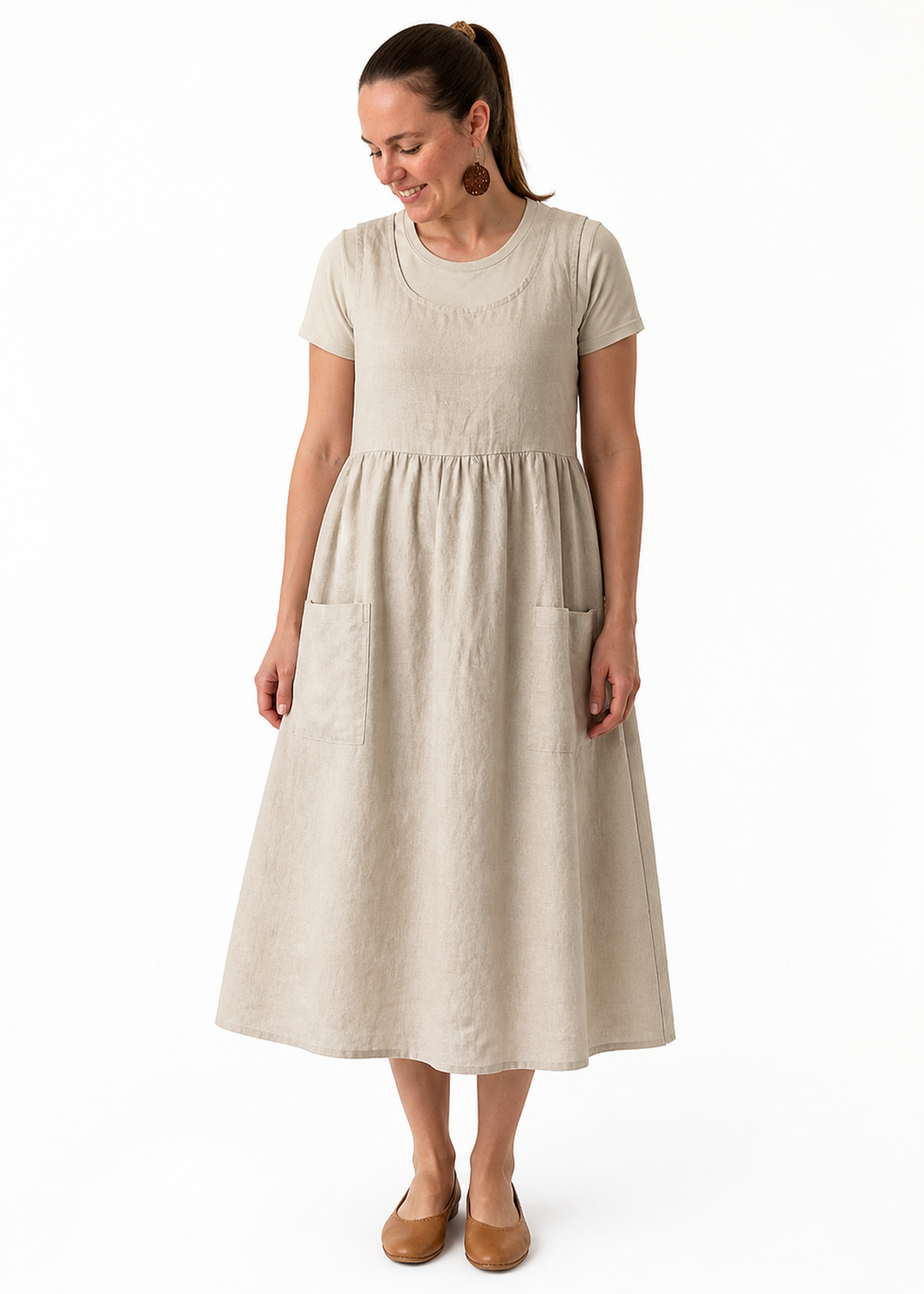Linen Pinafore Midi Dress with Patch Pockets in Linen in Natural — on model