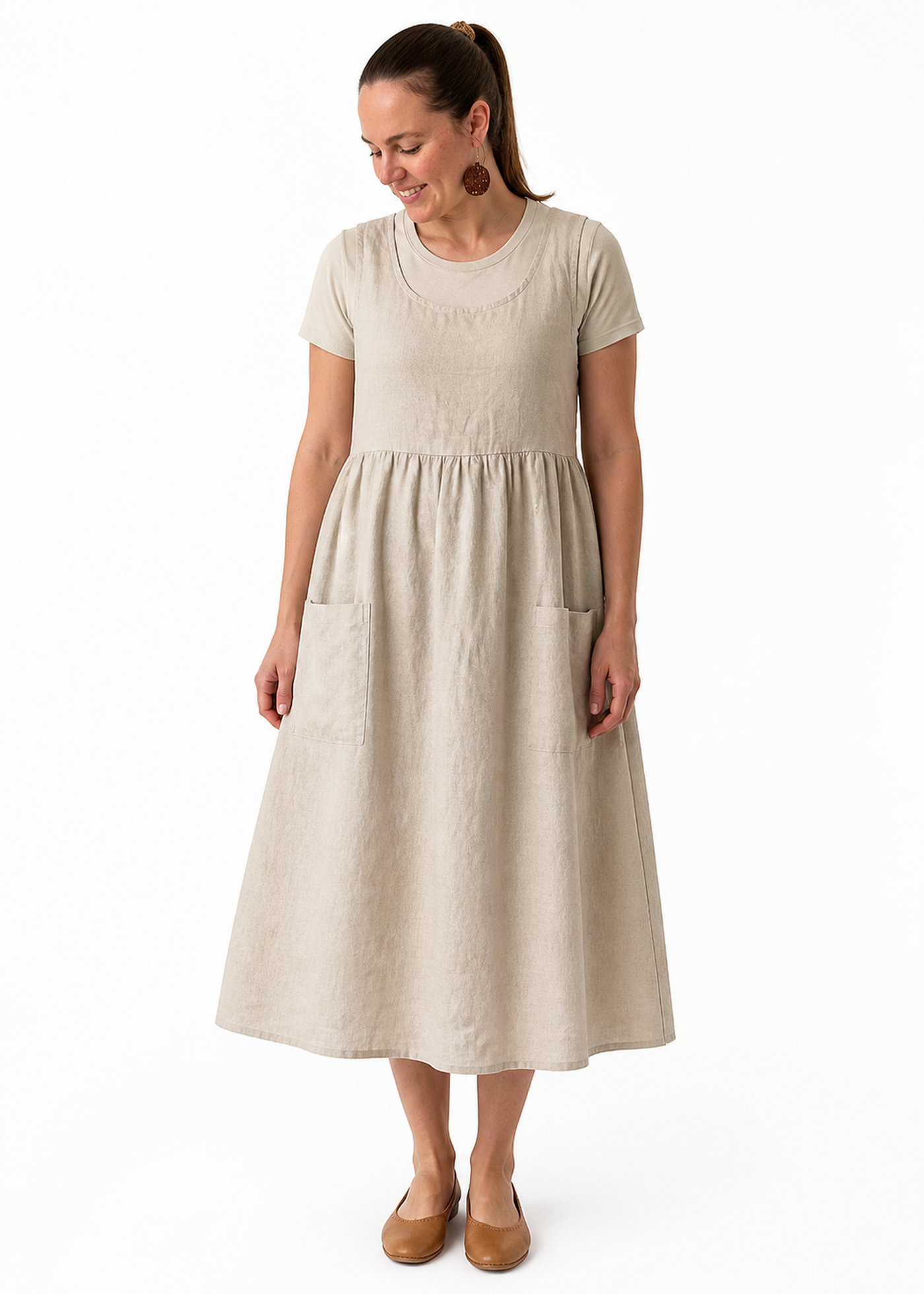 Linen Pinafore Midi Dress with Patch Pockets in Linen in Natural — on model