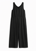 Wide-Leg Linen Maternity Jumpsuit in Linen in Black — flat lay