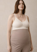 Organic cotton seamless clip-down nursing bra in Natural — on model, front