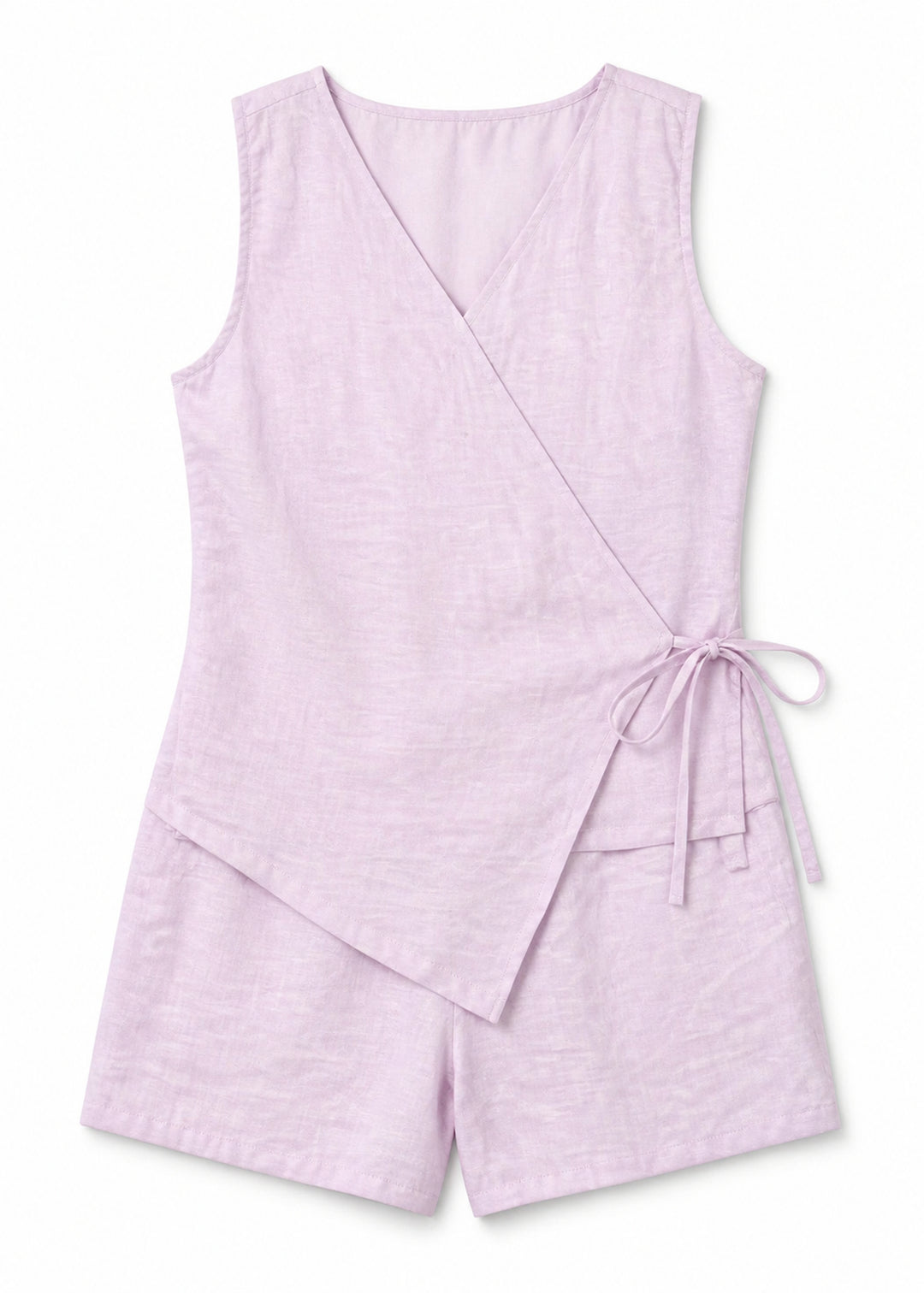 Sleeveless Wrap Sleep Romper in Pink - flat lay