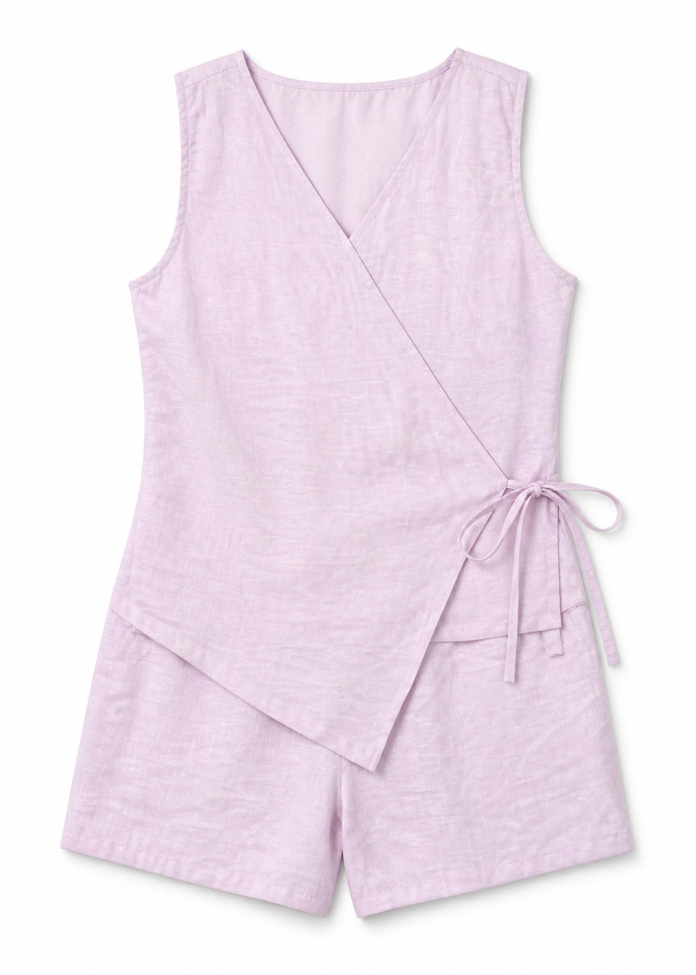 Sleeveless Wrap Sleep Romper in Pink - flat lay