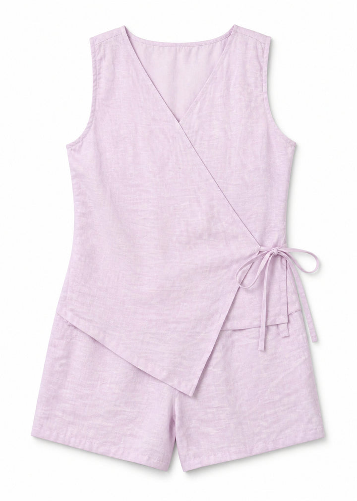 Sleeveless Wrap Sleep Romper in Pink - flat lay