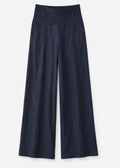 Wide-Leg Shirred-Back Pull-On Linen Trousers in Linen in Navy — flat lay