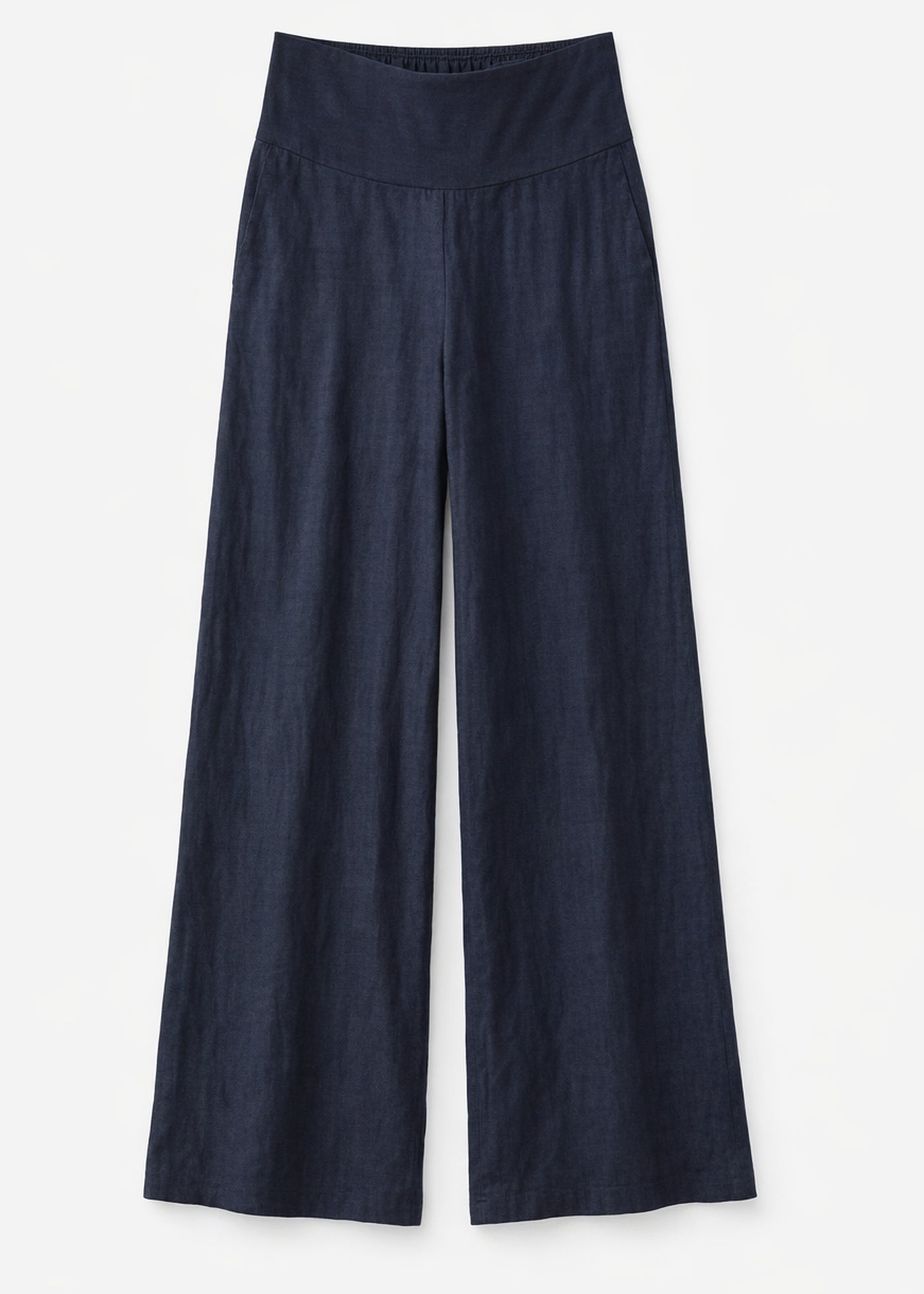 Wide-Leg Shirred-Back Pull-On Linen Trousers in Linen in Navy — flat lay