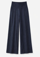 Wide-Leg Shirred-Back Pull-On Linen Trousers in Linen in Navy — flat lay