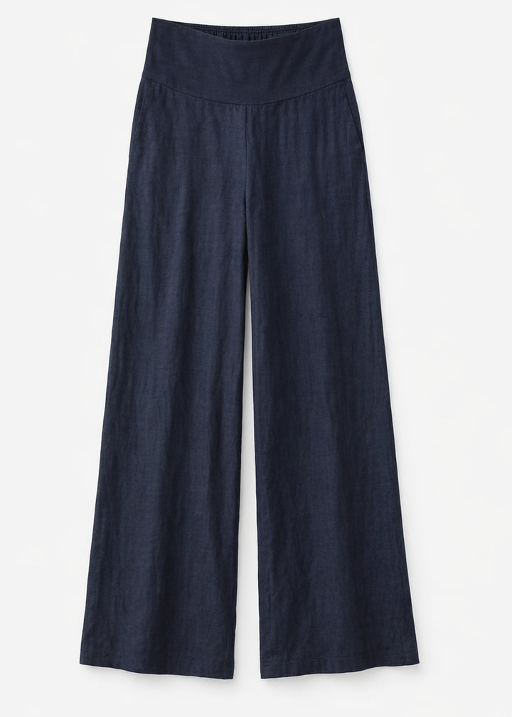 Wide-Leg Shirred-Back Pull-On Linen Trousers in Linen in Navy — flat lay
