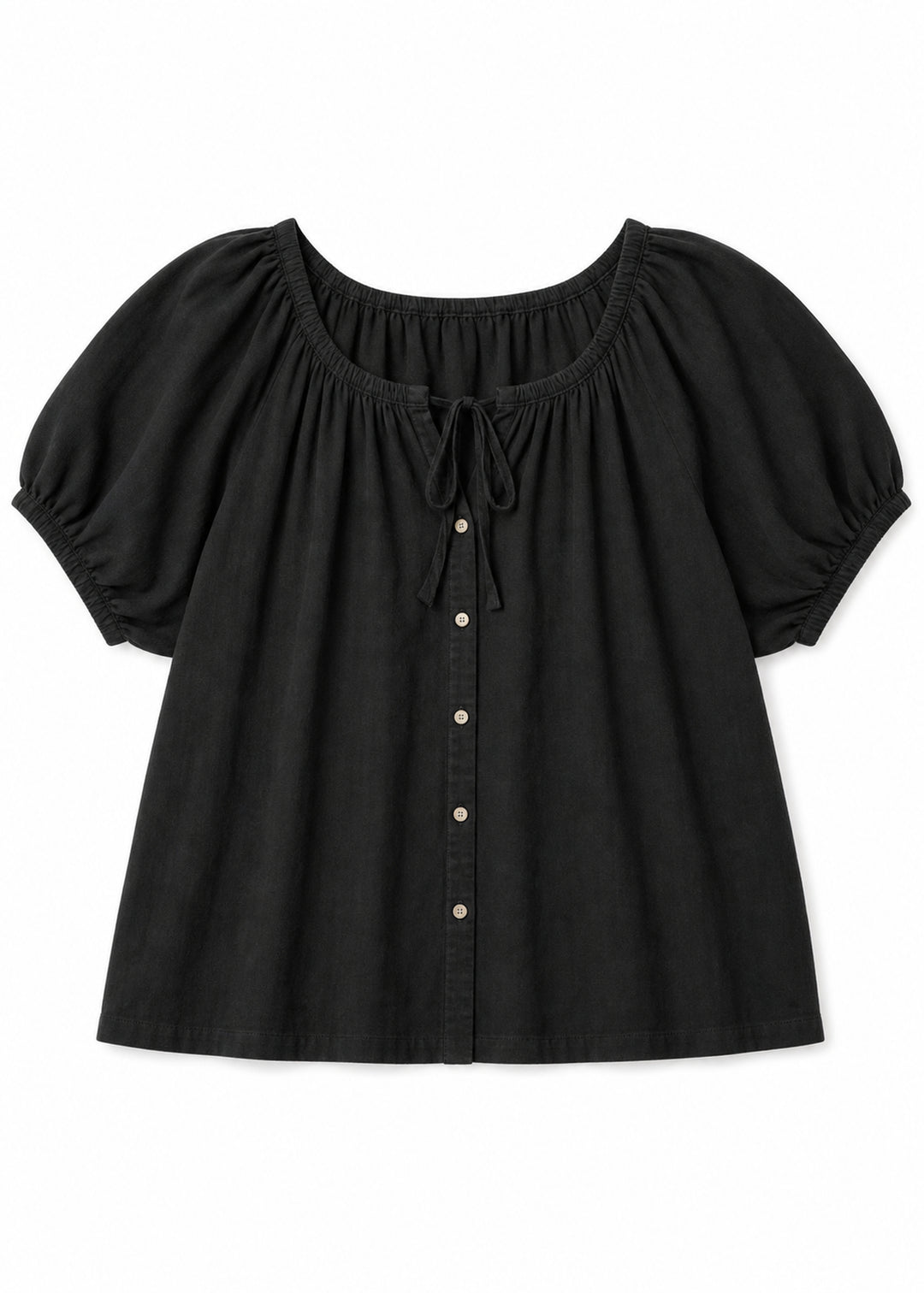 Puff Sleeve Tie-Neck Button-Front Blouse in Cotton in Black — flat lay