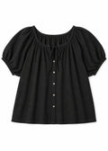 Puff Sleeve Tie-Neck Button-Front Blouse in Cotton in Black — flat lay