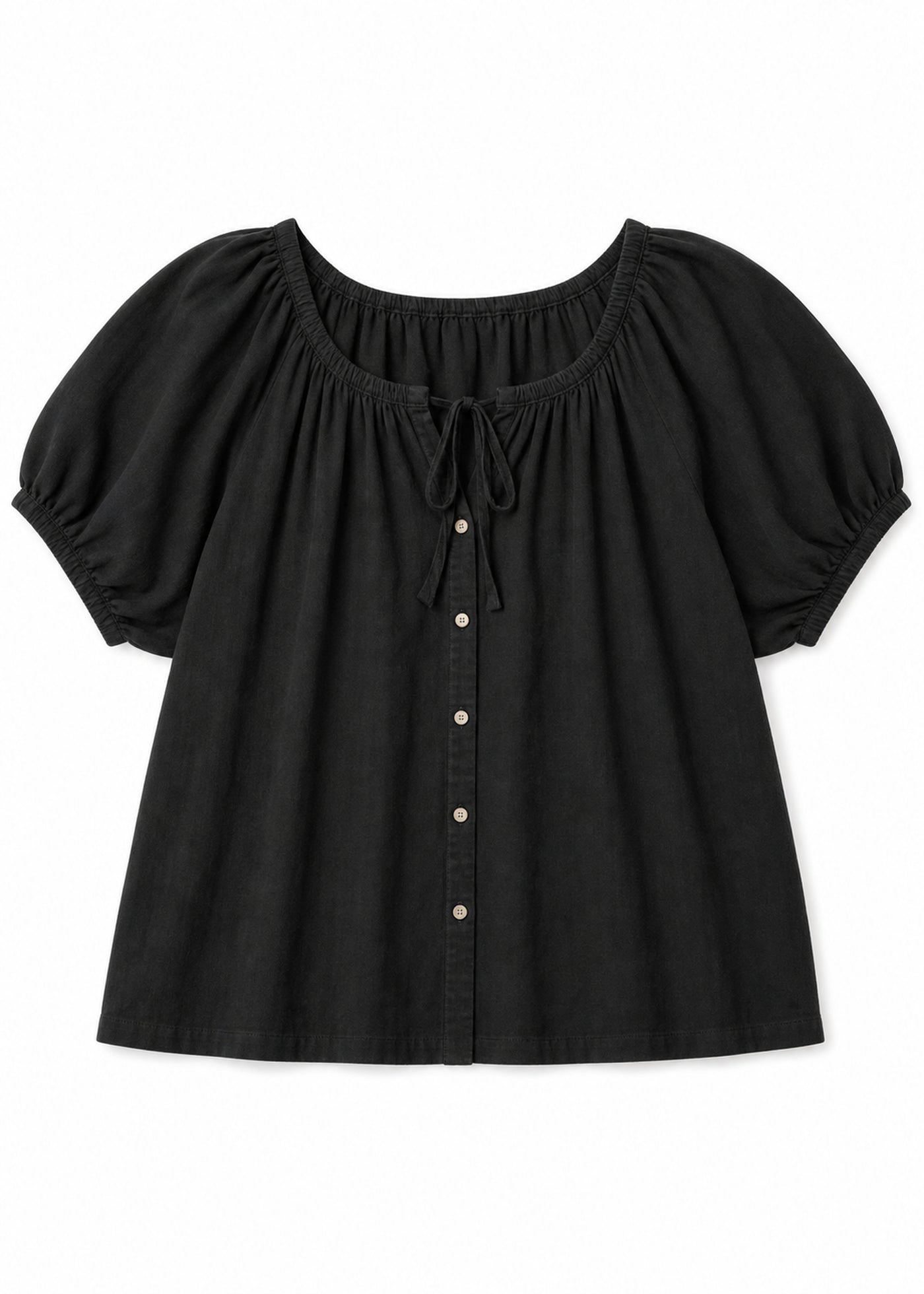 Puff Sleeve Tie-Neck Button-Front Blouse in Cotton in Black — flat lay