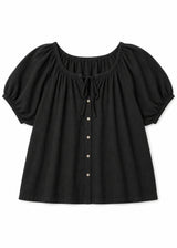 Puff Sleeve Tie-Neck Button-Front Blouse in Cotton in Black — flat lay