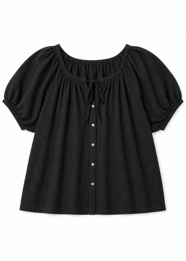 Puff Sleeve Tie-Neck Button-Front Blouse in Cotton in Black — flat lay