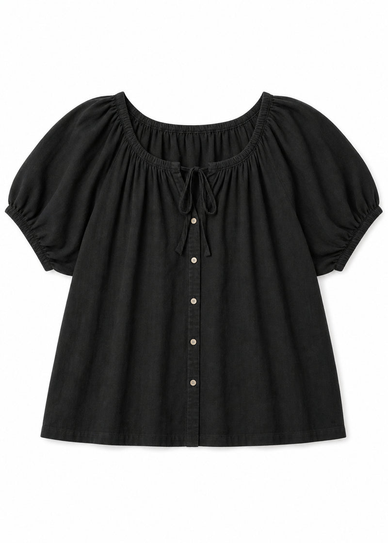 Puff Sleeve Tie-Neck Button-Front Blouse in Cotton in Black — flat lay